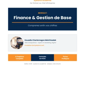 Tu travailles dur mais tu ne sais jamais vraiment combien tu gagnes ? Ce guide te révèle en 3 chapitres la vérité sur tes chiffres — CA, bénéfice, charges — et te donne les outils concrets pour ne plus jamais finir le mois dans le rouge. Formules simples, exemples réels en FCFA, cahier de caisse prêt à l'emploi. C'est le module que tout artisan aurait dû avoir dès le premier jour.
