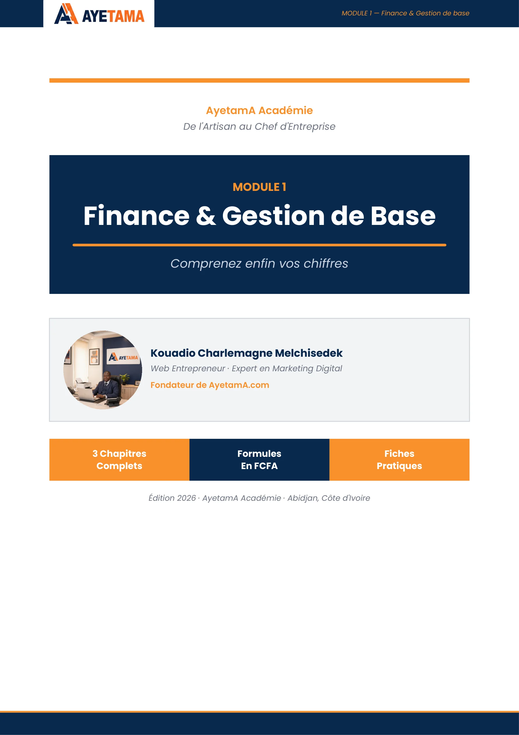 Tu travailles dur mais tu ne sais jamais vraiment combien tu gagnes ? Ce guide te révèle en 3 chapitres la vérité sur tes chiffres — CA, bénéfice, charges — et te donne les outils concrets pour ne plus jamais finir le mois dans le rouge. Formules simples, exemples réels en FCFA, cahier de caisse prêt à l'emploi. C'est le module que tout artisan aurait dû avoir dès le premier jour.